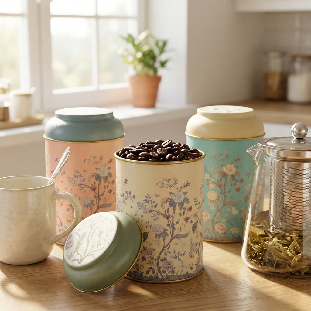 Set of 3 MARIA ROMA Botanica kitchen canisters for coffee, tea, and sugar storage, featuring exclusive botanical wildflower designs