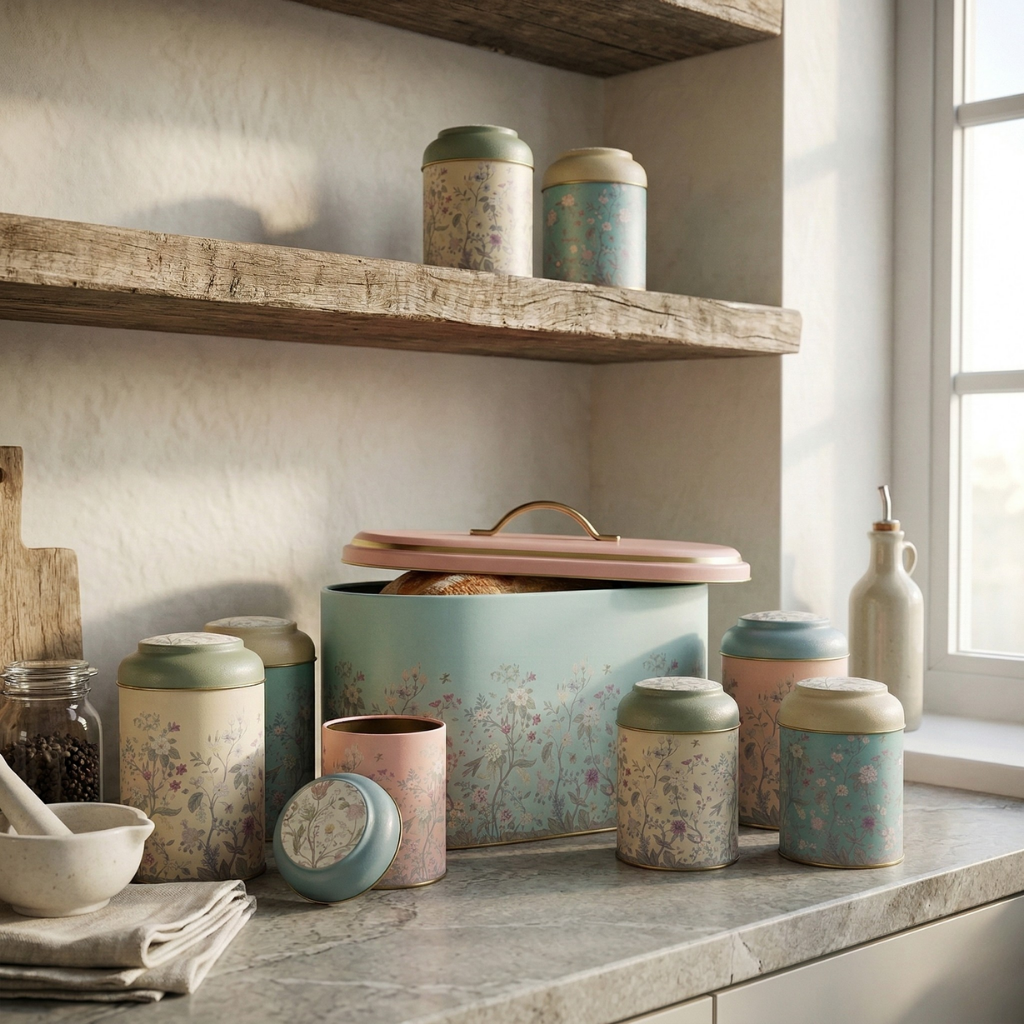 MARIA ROMA Botanica 7-piece kitchen storage set with a large floral bread box, 3 coffee tea sugar canisters, and 3 small spice jars on a bright kitchen island.