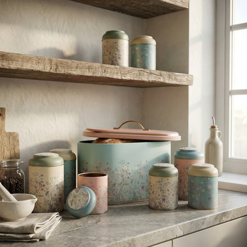 MARIA ROMA Botanica 7-piece kitchen storage set with a large floral bread box, 3 coffee tea sugar canisters, and 3 small spice jars on a bright kitchen island.
