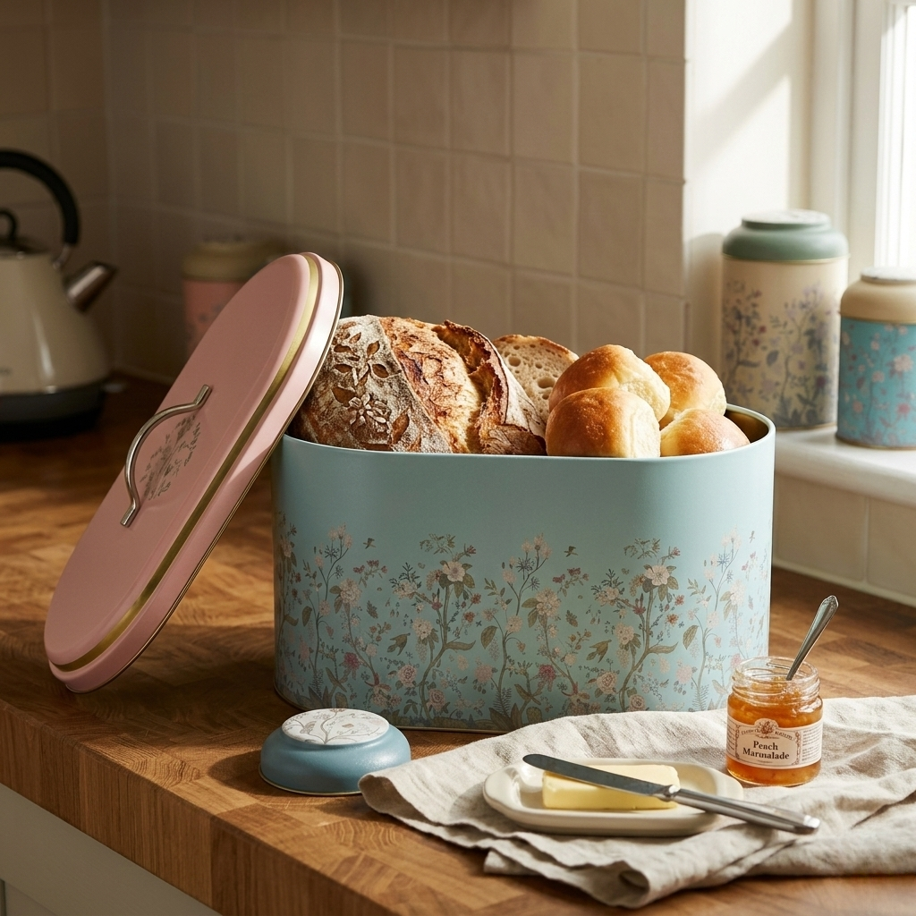 MARIA ROMA Botanica extra-large metal bread box with a detailed hand-painted style floral pattern on a rustic wooden counter.