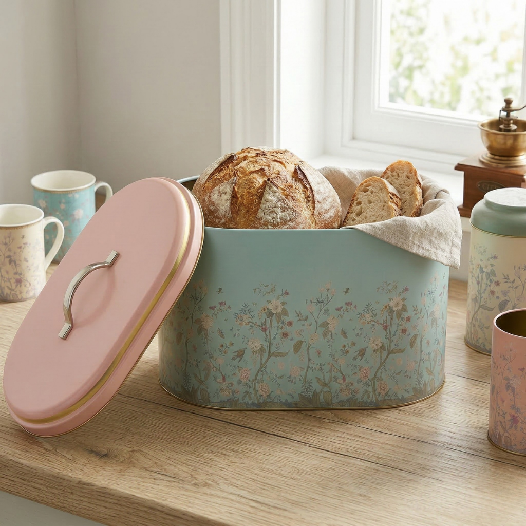 MARIA ROMA Botanica extra-large metal bread box with a detailed hand-painted style floral pattern on a rustic wooden counter.