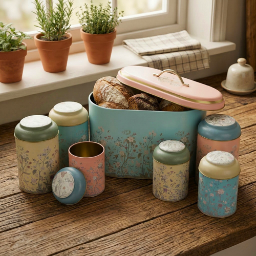 MARIA ROMA Botanica 7-piece kitchen storage set with a large floral bread box, 3 coffee tea sugar canisters, and 3 small spice jars on a bright kitchen island