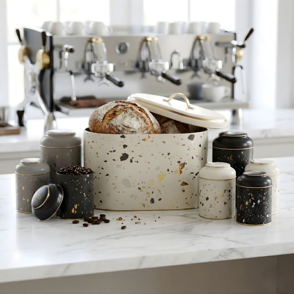 MARIA ROMA Terrazzo 7-piece metal kitchen storage set with a large bread box and matching canisters featuring a modern grey speckled pattern."
