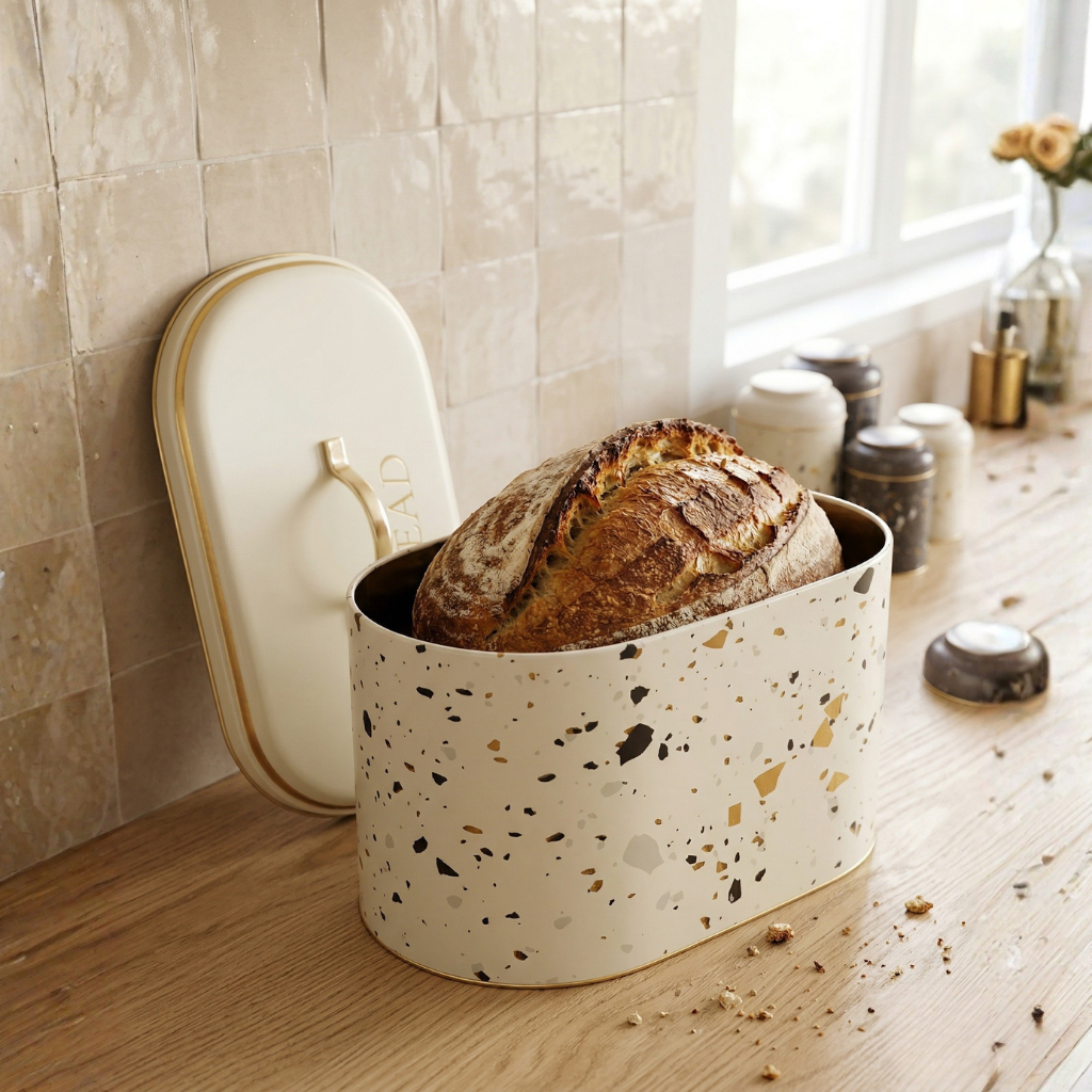 MARIA ROMA Terrazzo 7-piece metal kitchen storage collection featuring a large bread box and matching canisters for coffee, tea, sugar, and spices in a modern grey speckled pattern on a white background.