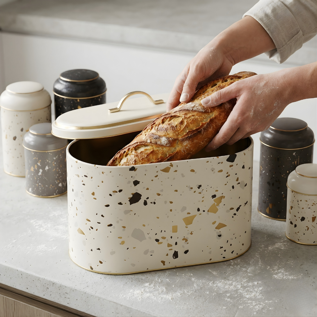 Modern grey Terrazzo metal bread box with gold handle featuring a fresh loaf of bread inside for spacious countertop storage."