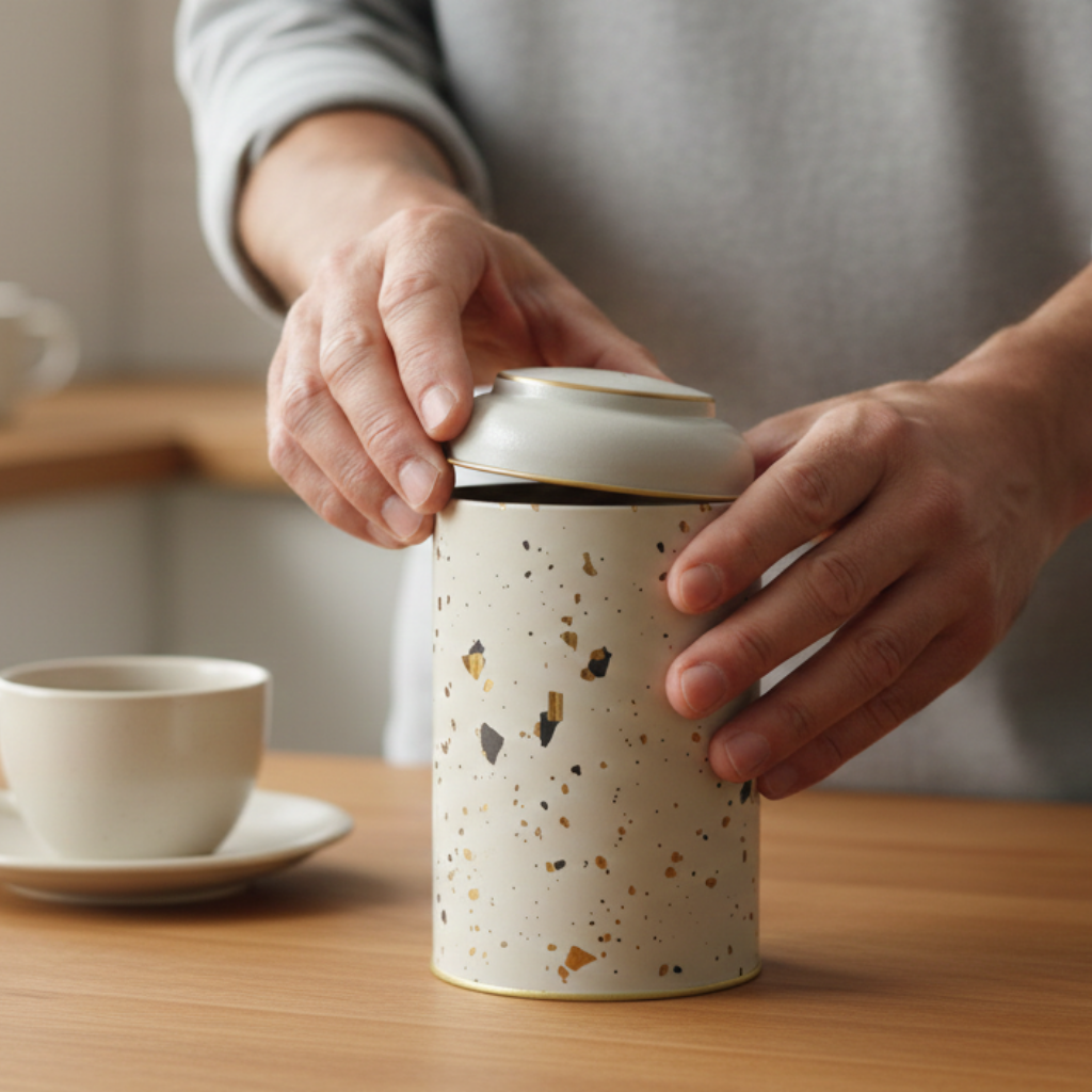 Person opening a terrazzo-patterned travel mug on a wooden table with a blurred background.

