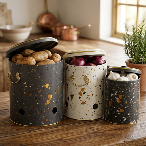 Three terrazzo-patterned kitchen storage canisters on a wooden surface with food items inside.

