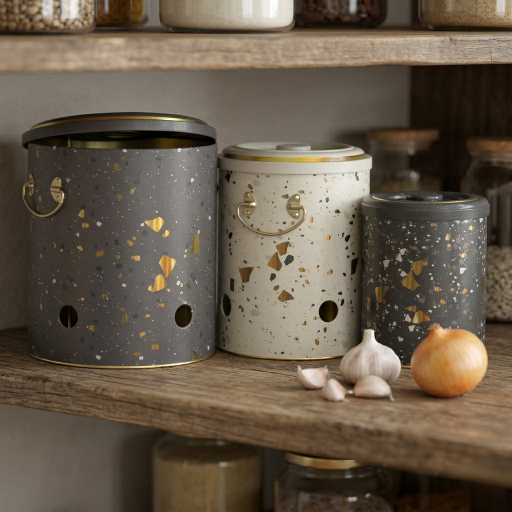 Three terracotta canisters with speckled patterns on a wooden shelf with garlic and an onion.

