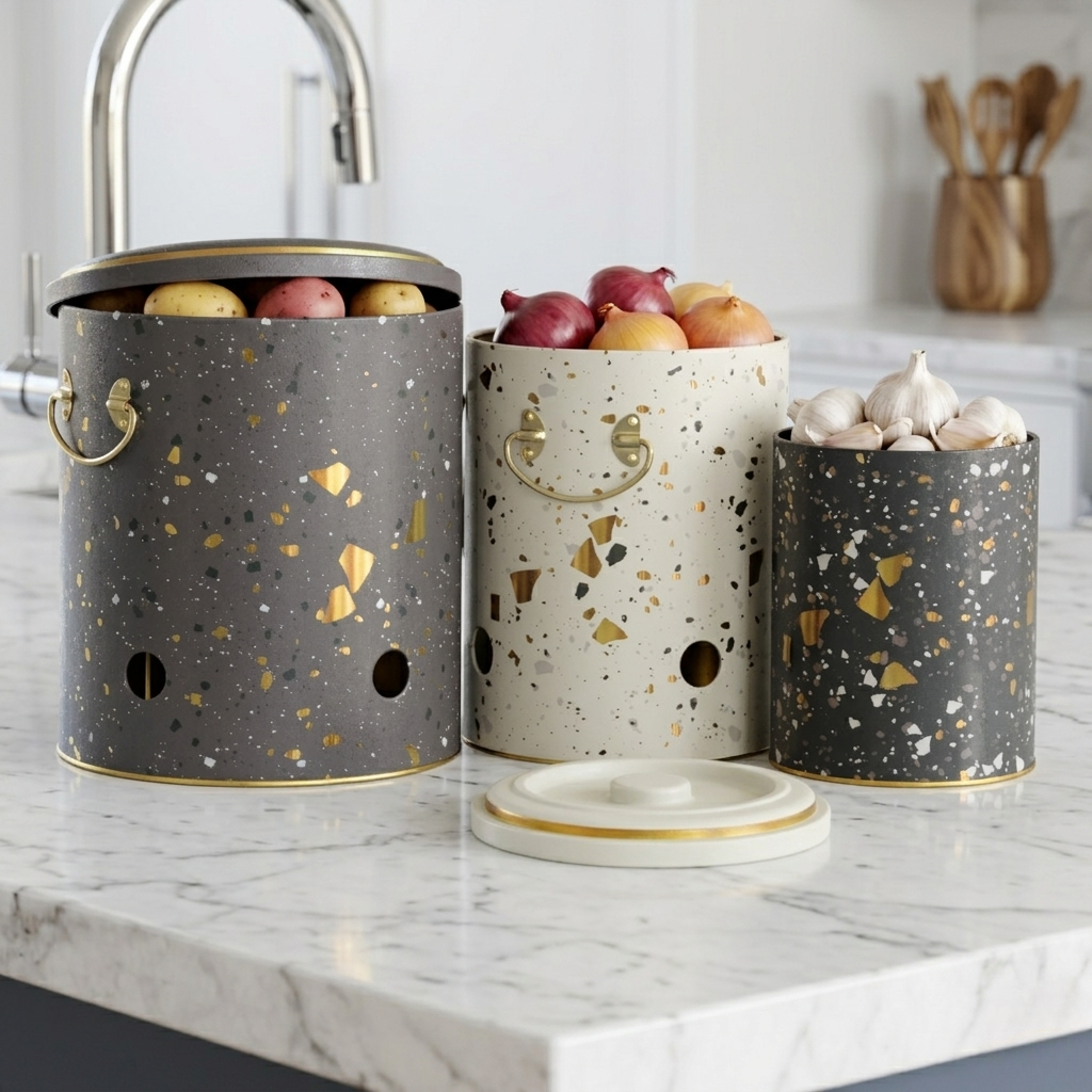 Three decorative kitchen storage jars with speckled patterns on a marble countertop.

