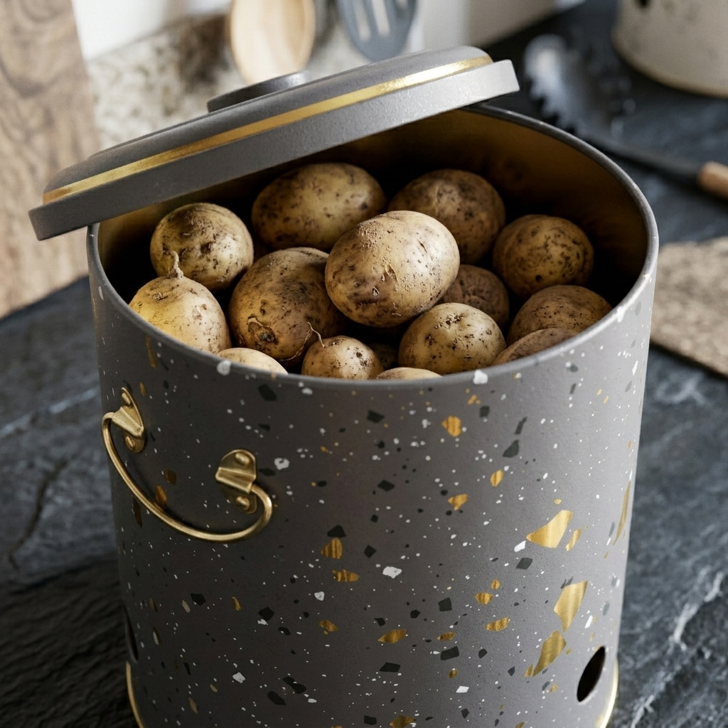 Gray speckled container with gold accents filled with potatoes on a kitchen counter.

