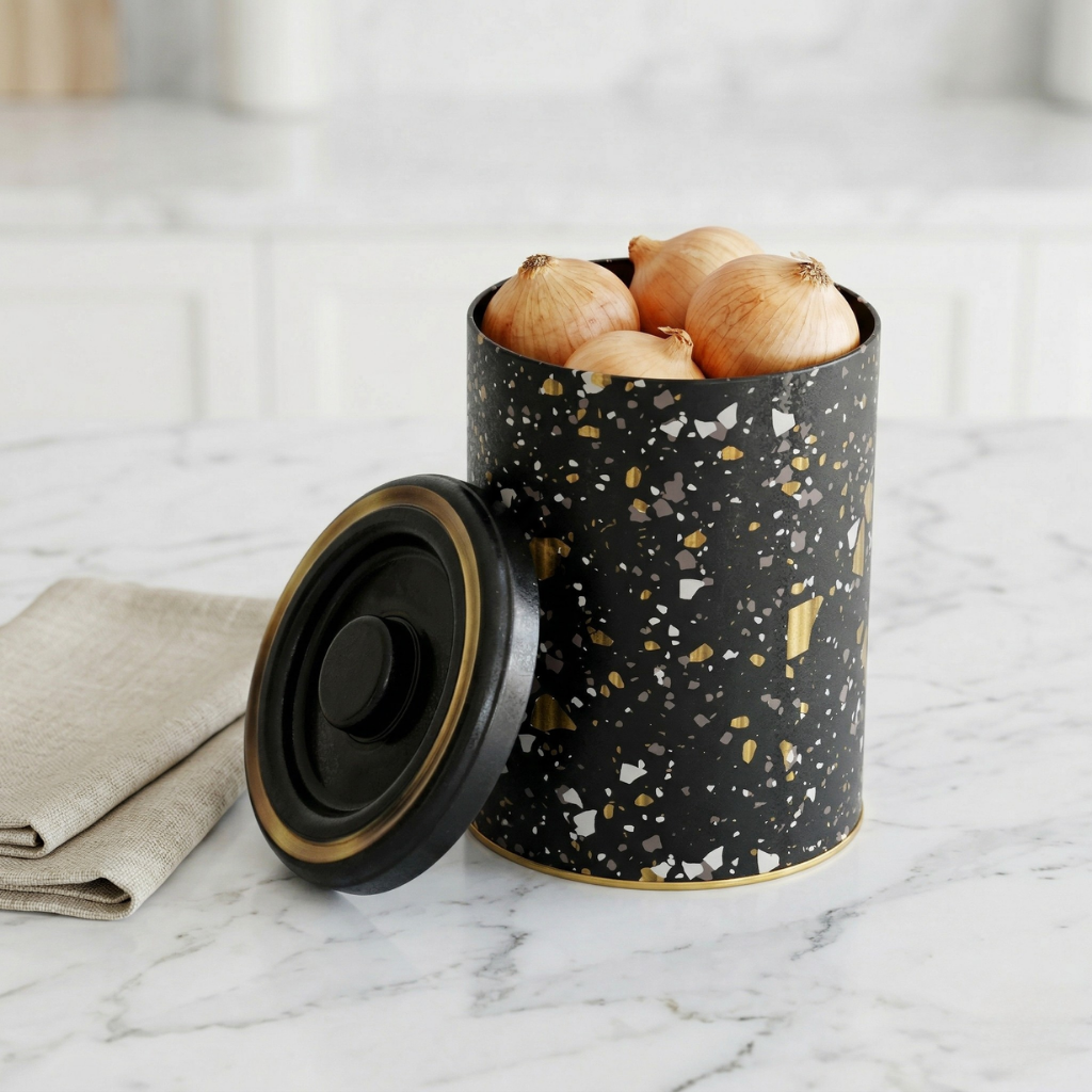 Black terrazzo-patterned canister with onions on a marble surface

