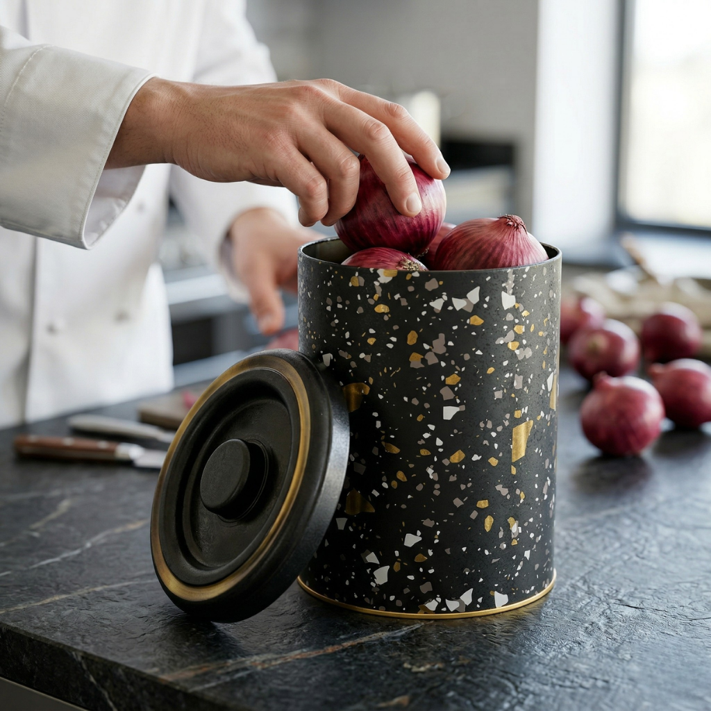 Person placing figs into a terrazzo-patterned canister on a kitchen counter.

