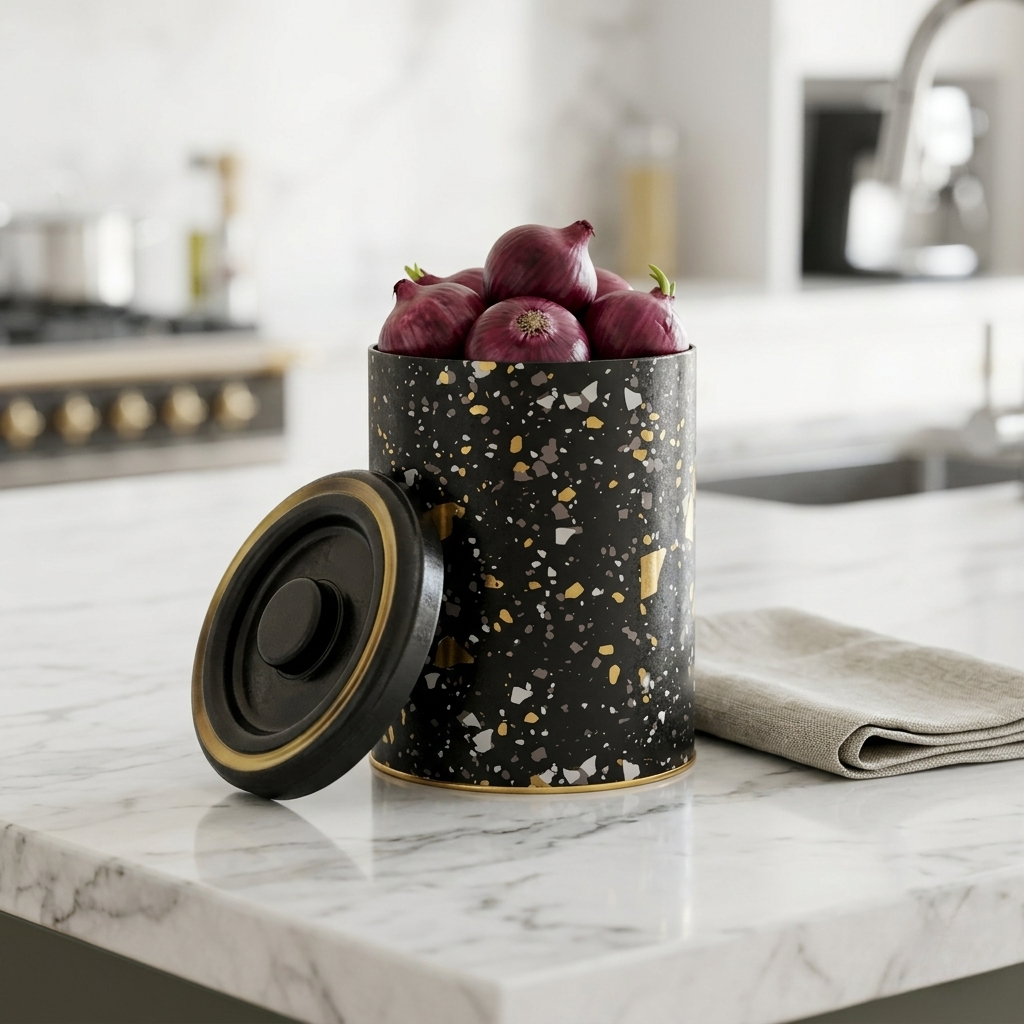 Black terrazzo-patterned canister with onions on a marble countertop in a kitchen.

