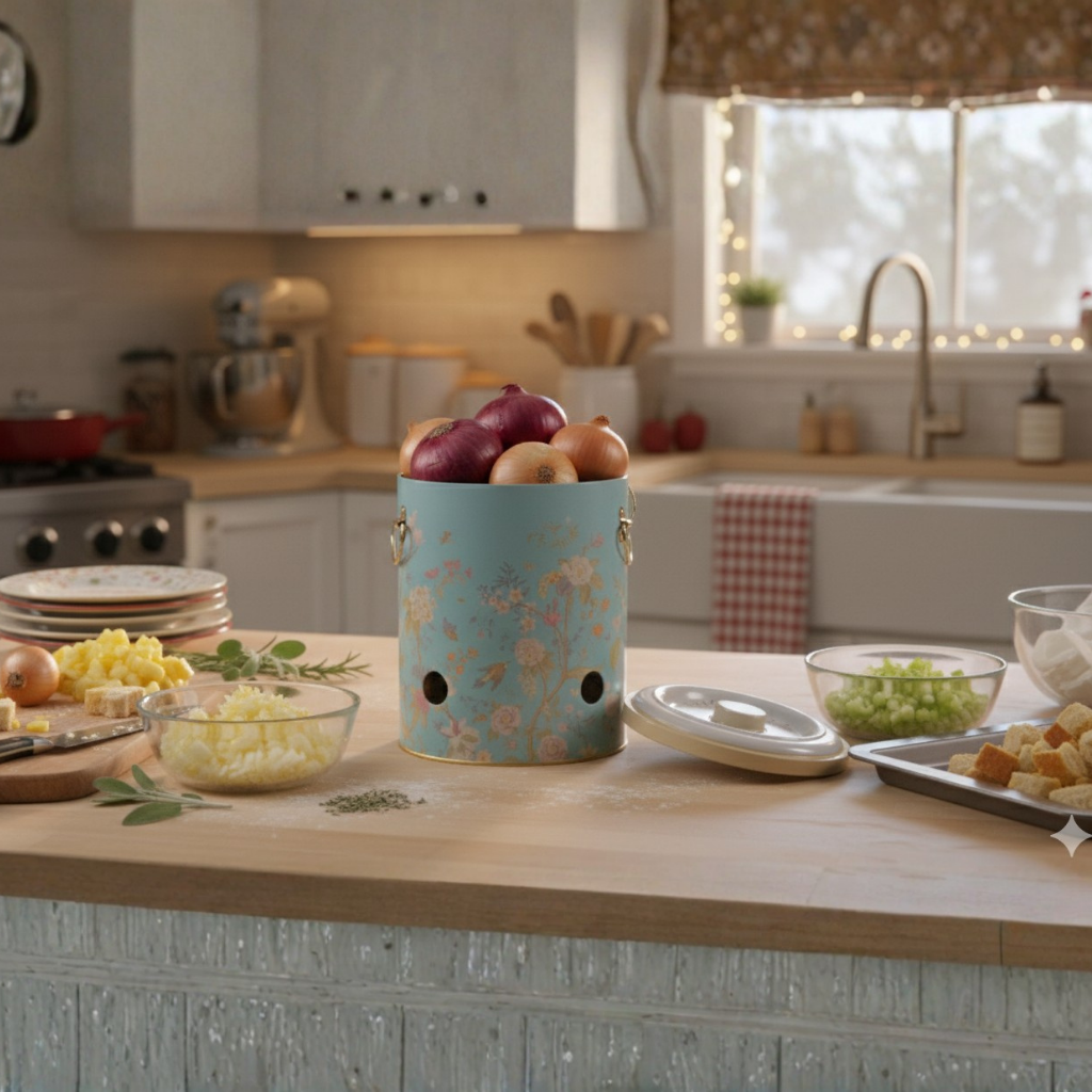 MARIA ROMA Botanica 3-Piece Potato Onion Garlic Bin Set - Floral Metal Canisters
