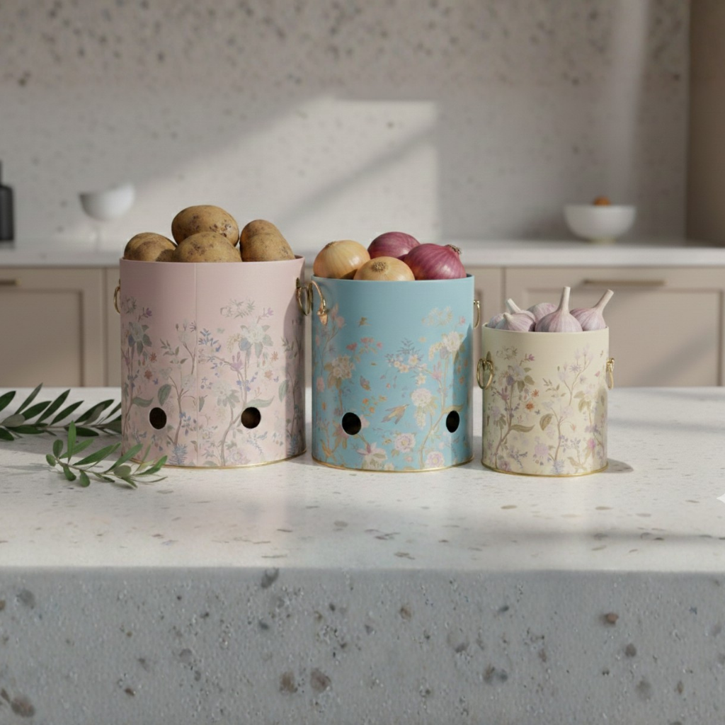 Three decorative storage bins with floral patterns on a kitchen counter.
