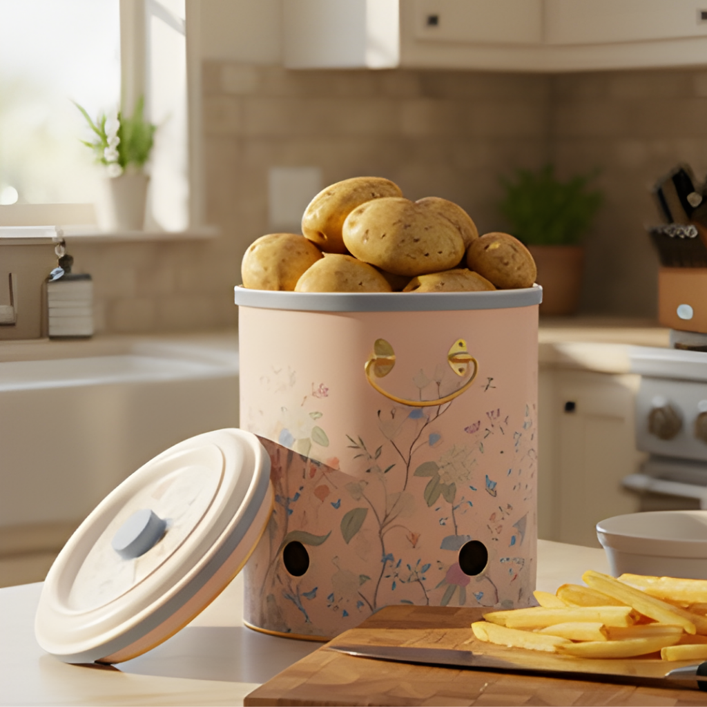 Decorative kitchen storage container with potatoes on a kitchen counter

