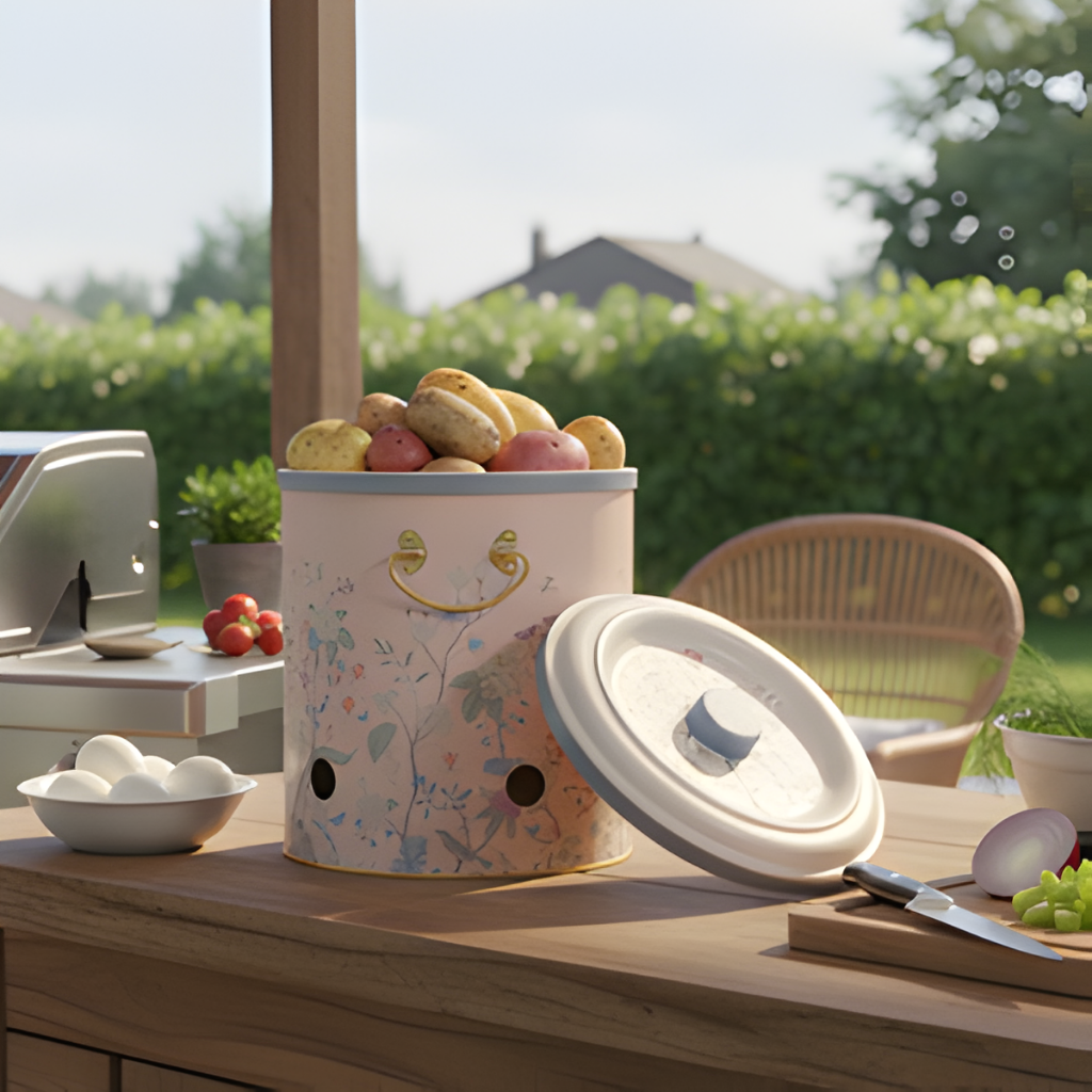 Decorative storage canister with a lid on a table outdoors

