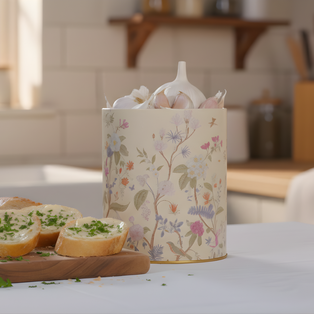 Decorative canister with floral pattern on a kitchen counter with garlic bread slices.

