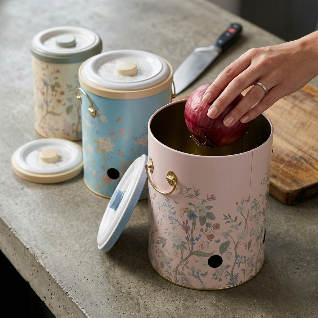 Decorative kitchen canisters with floral patterns on a countertop.

