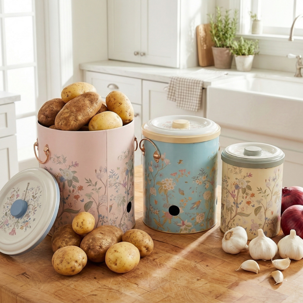 Close-up of ventilation holes on the Botanica potato bin ensuring airflow for vegetable freshness and preventing sprouting