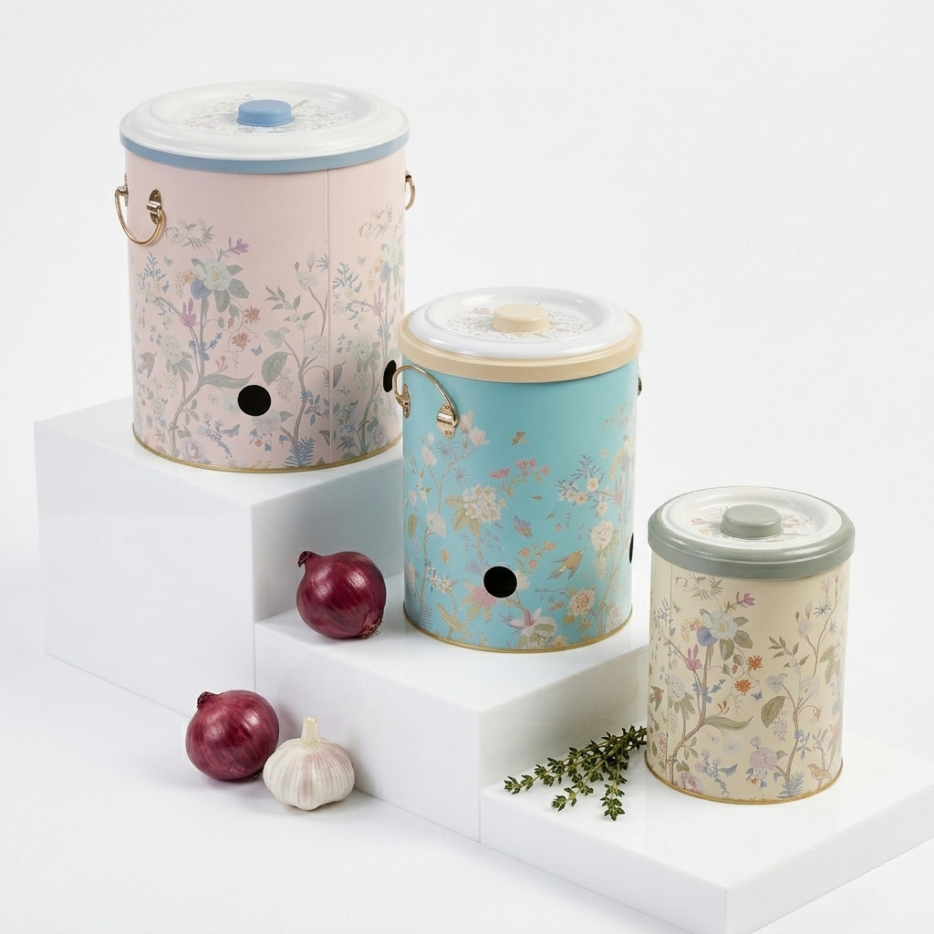 Botanica floral onion and garlic keepers on a rustic kitchen countertop next to fresh organic vegetables.