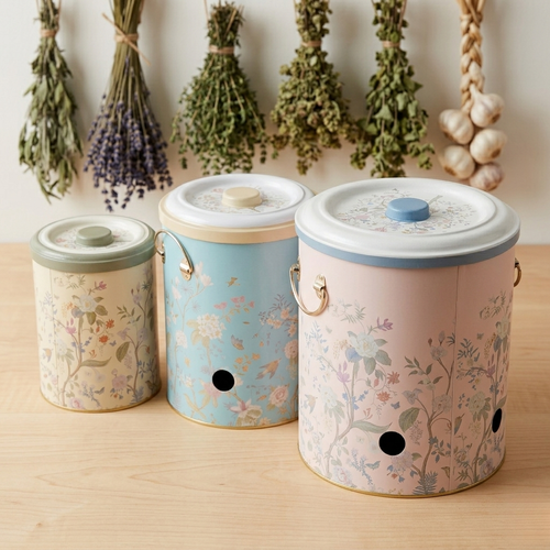 MARIA ROMA Botanica 3-piece metal vegetable storage bin set for potatoes, onions, and garlic with floral patterns on a white background