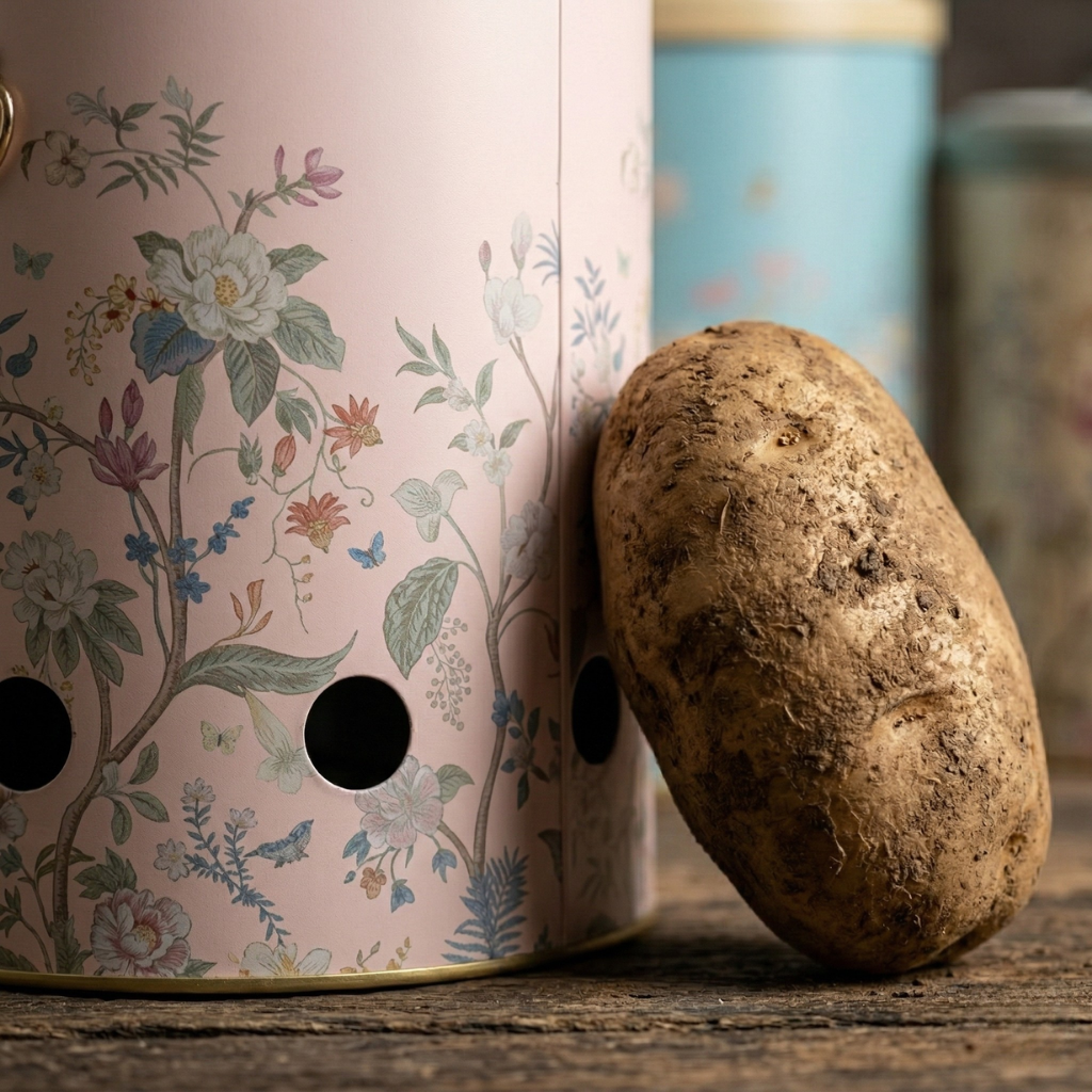 Floral-patterned container with a potato on a wooden surface


