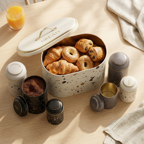 MARIA ROMA Terrazzo 7-piece metal kitchen storage set with a large bread box and matching canisters featuring a modern grey speckled pattern.